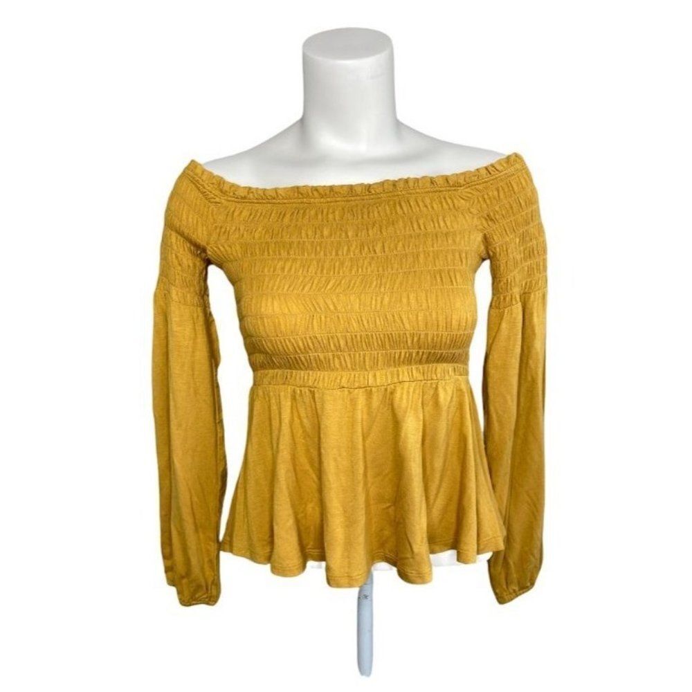 AEROPOSTALE Mustard‎ Yellow Smocked Off the Shoulder Long Sleeve Top sz Small